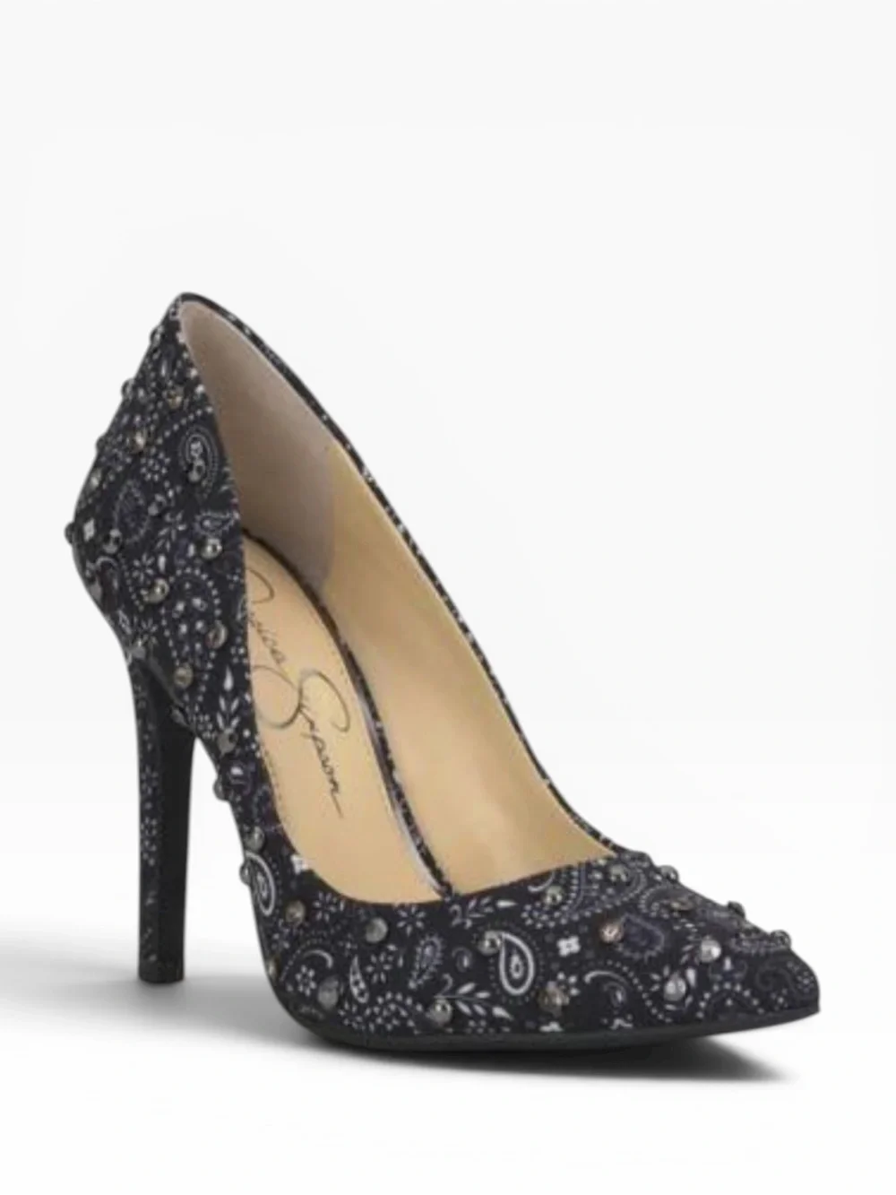 JESSICA SIMPSON CASSANI BANDANA PRINT STUDDED POINTED TOE STILETTO HEELS NIB 9